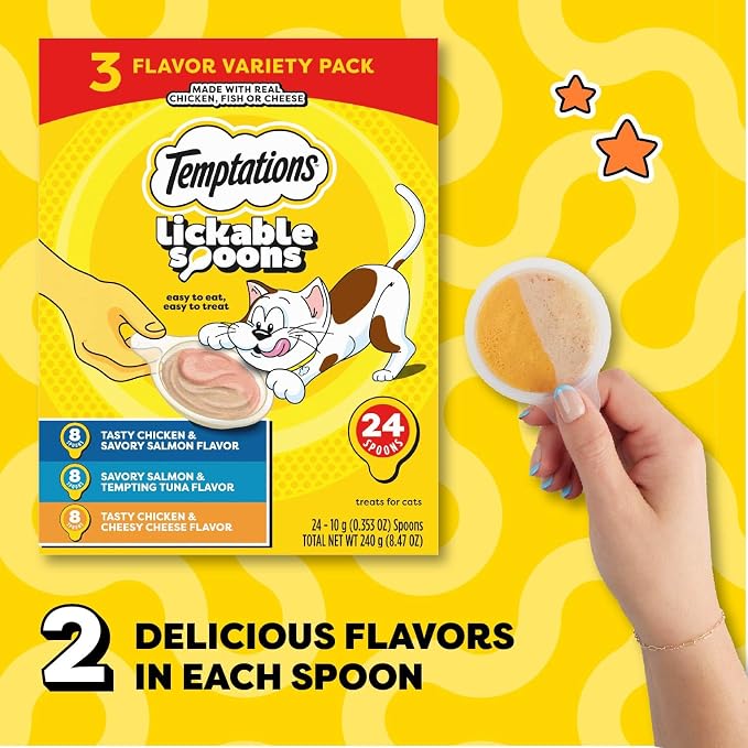 Temptations Lickable Spoons, Soft Lickable Cat Treats, Adult Wet Cat Treats, Variety Pack, 24 Spoons (Pack of 2)