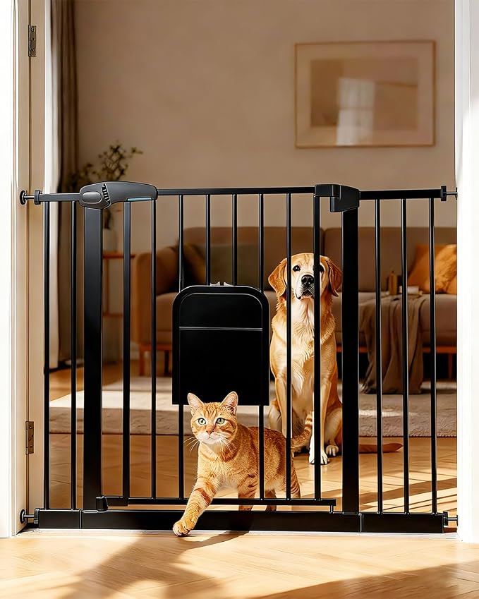 Pet Gate with Adjustable Cat Door, 31–46 Inch Pressure Mounted Dog Gate for Doorways, Stairs and Hallways, Auto Close Walk Through Metal Gate, No Drilling, Black