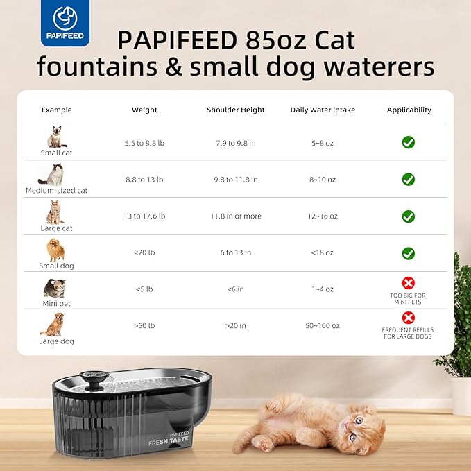 PAPIFEED Cat Water Fountain Stainless Steel with a Silicone Mat, 84oz/2.5L Automatic Pet Fountain with Water Level Window and LED Light, Quiet Low Power Cat Water Bowl & Cat Water Dispenser(Black)