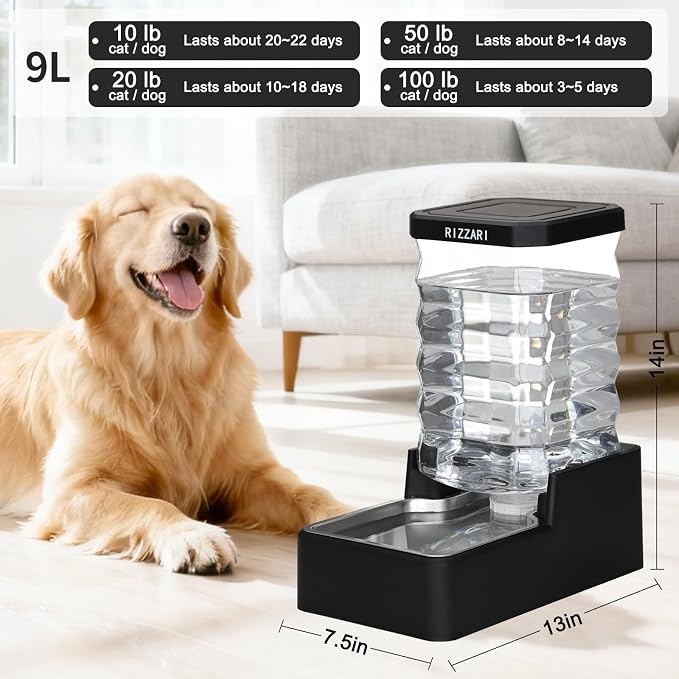RIZZARI 9L Large Dog Water Dispenser, Gravity Automatic Pet Water Bowl with Filter-Free Design, Spill Resistant Waterer for Large Breed Dogs, Multi Pet Homes & Indoor Daily Use