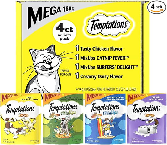 Temptations Cat Treats Classic Crunchy and Soft Cat Treats Variety Pack, 6.3 oz. Pouches (Pack of 4)