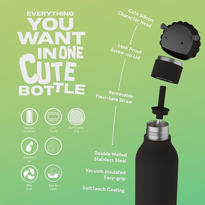 asobu Bestie Bottle Insulated Stainless Steel Water Bottle with Detachable Soft Animal Head Fun Drinking For Kids and Teens16 Ounce (Black Sheep)