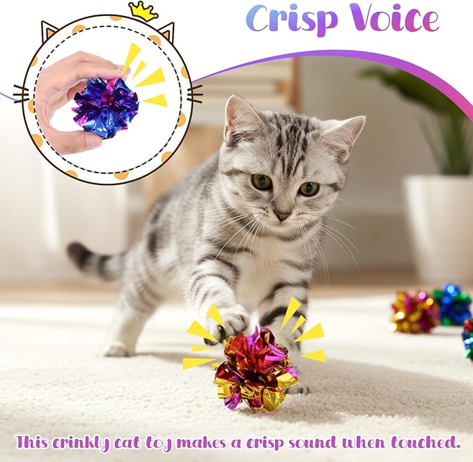 SHENLIU 2.36" Crinkle Balls for Cats, 100 Pcs Colorful Cat Toys Crinkle Ball Interactive Foil Cat Toy Balls for Indoor Kittens to Keep Fit Active