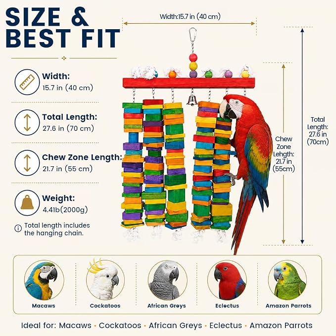 2 Pack Large Bird Toy 20 in +27.5 in Parrot Toys Natural Wood Blocks Bird Chew Toy for Foraging, Stainless Steel Chain Hanging Cage Toy for Macaws, Cockatoos, African Greys and Lar