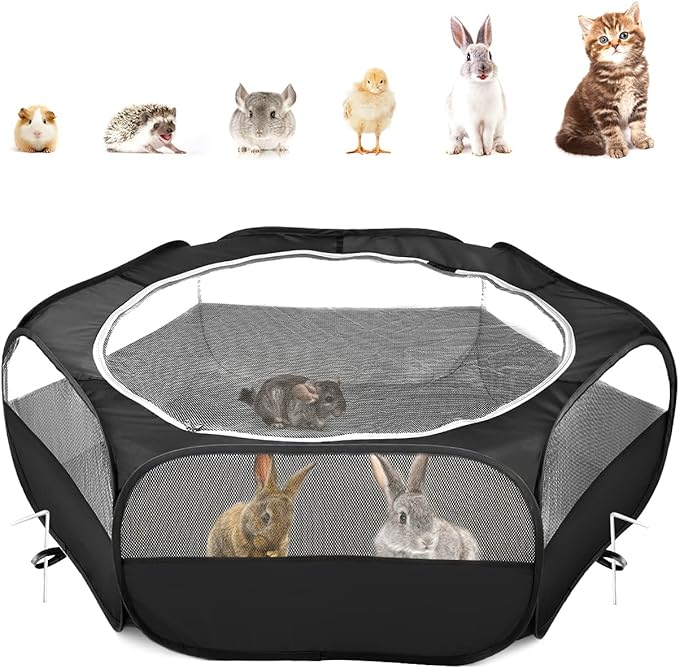 Pawaboo Small Animals Playpen, Waterproof Small Pet Cage Tent with Zippered Cover, Portable Outdoor Yard Fence with 3 Metal Rod for Kitten/Puppy/Guinea Pig/Rabbits/Hamster/Chinchillas, Black