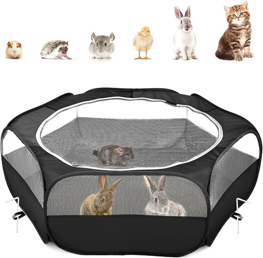 Pawaboo Small Animals Playpen, Waterproof Small Pet Cage Tent with Zippered Cover, Portable Outdoor Yard Fence with 3 Metal Rod for Kitten/Puppy/Guinea Pig/Rabbits/Hamster/Chinchillas, Black