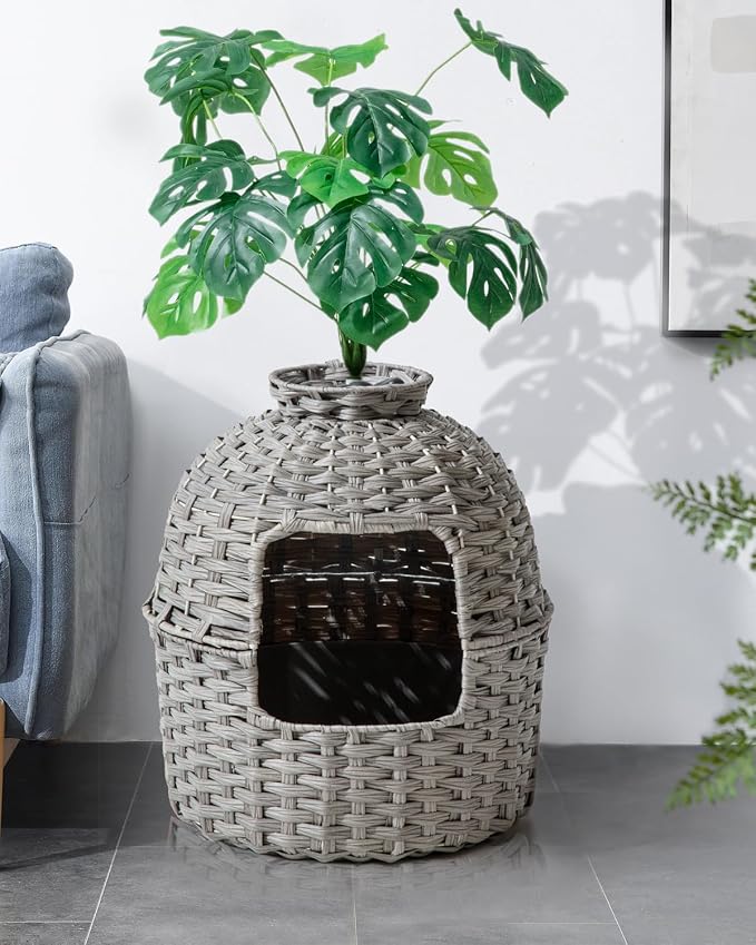 SETVSON Cat Litter Box Plant Enclosure, Hidden Handwoven Rattan with Cat Litter Box Furniture and Artificial Plants, Odor Control Filter, Real Stones in Living Room, Bedroom, Corner (Gray)