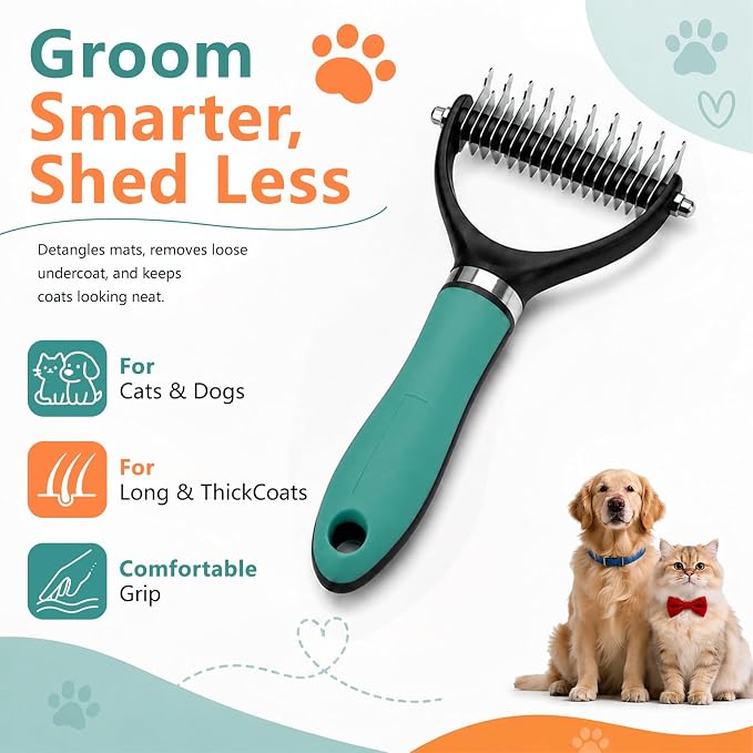 Dog Brush and Cat Deshedding Rake, Pet Grooming Tool for Shedding with Rounded Stainless Steel Teeth, Comfortable Grip for Long or Thick Coats (Orange)