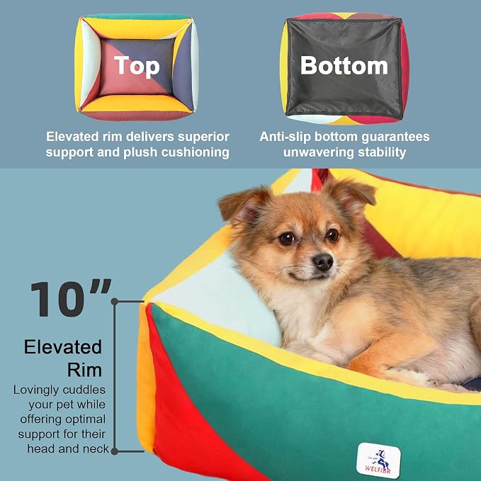 Cotton Canvas Dog Bed, Cute Dog Bed Medium Size Dog, Puppy Bed with Washable Removable Cover, Durable 290 GSM Cotton Anti-Chewing Pet Bed with Anti-Slip Bottom (30"x25"x10", Red&Yellow&Green)