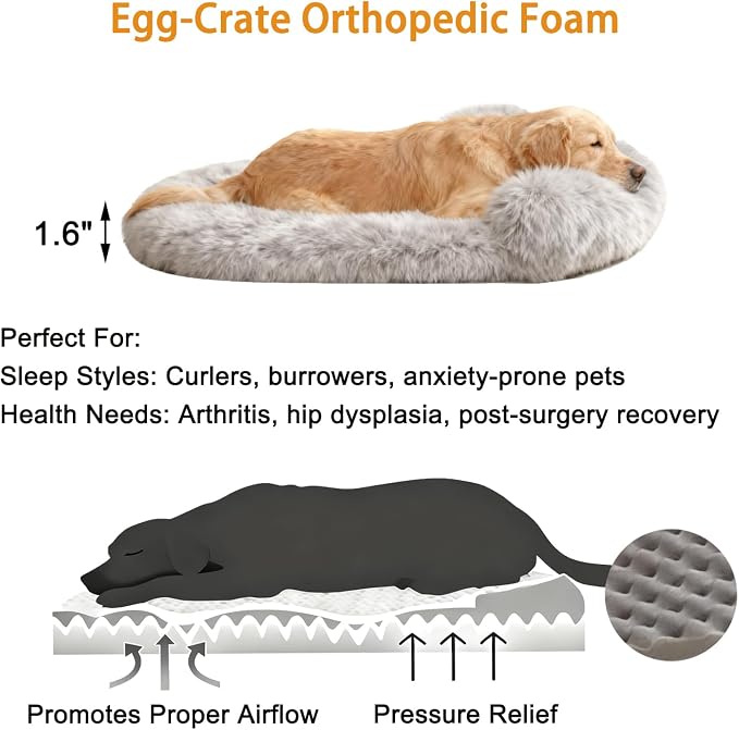 Orthopedic Dog Bed with Egg-Crate Base, Calming Dog Beds Fluffy Plush Faux Fur with Raised Edges, Spine Friendly Pet Sleeping Mat for Medium Large Dogs, Easy Wash (Oval, Marble Grey 32"x24")