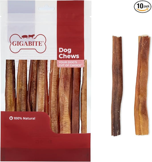 GigaBite Bully Sticks for Dogs All Natural Beef Pizzle Dog Chews, Odor & Rawhide Free Dog Treats, Long Lasting High Protein Chews Digestible Dental Dog Treat - Sticks (Half-cut 6"), Pack of 10