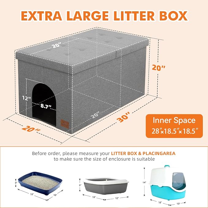 Zerbuger Cat Litter Box Enclosure Furniture for Odor Control, Hidden Cabinet Cats Litter Ottoman with Flip-Up Lid,Cat Litter Box Bench with Storage Space, Dog Proof (Light Grey, X-Large)