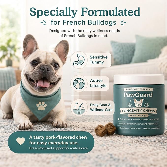 PawGuard French Bulldog Longevity Chews, Breed-Specific Soft Chews for Digestive Health & Immune Support with Probiotics & Digestive Enzymes, Plus Glucosamine & Chondroitin for Joint Support