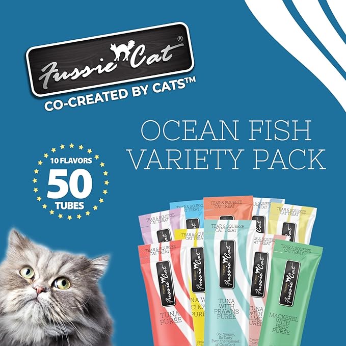 Fussie Cat, 0.5 Ounces Each, 50 Tubes, Ocean Fish Variety 10 Flavors