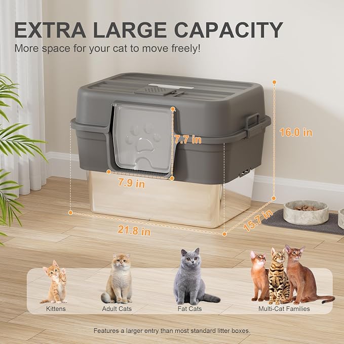 2PACK Stainless Steel Litter Box with Lid, XL Extra Large Litter Box for Big Cats, Enclosed Metal Litterbox High Sided, Easy Cleaning Anti-Urine Leakage, Mat & Filter Pedal & Scoop, Dark Grey