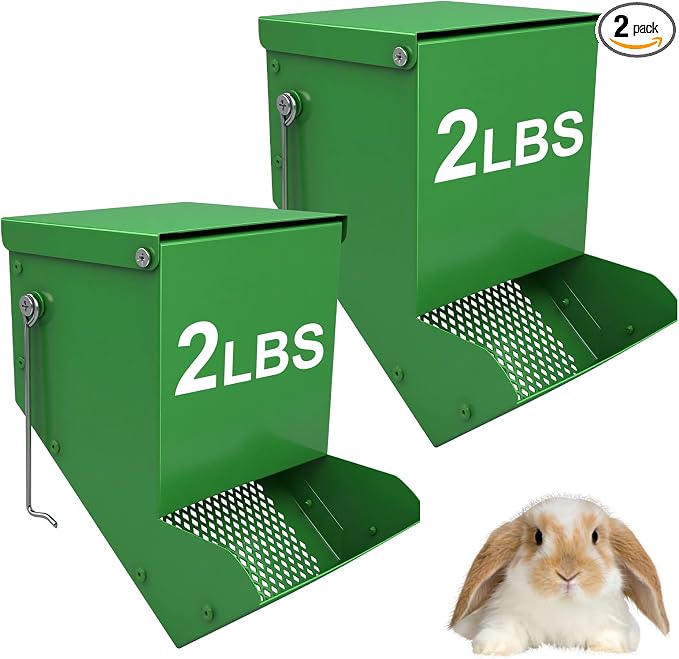 2 Packs Hay Feeder Rabbit, Metal Small Animal Feeder with Lid & Mesh Bottom, 4.7 Inch 2 LBS Capacity, Gravity Food Dispenser for Guinea Pigs Chinchillas, Cage or Outdoor Use, Green