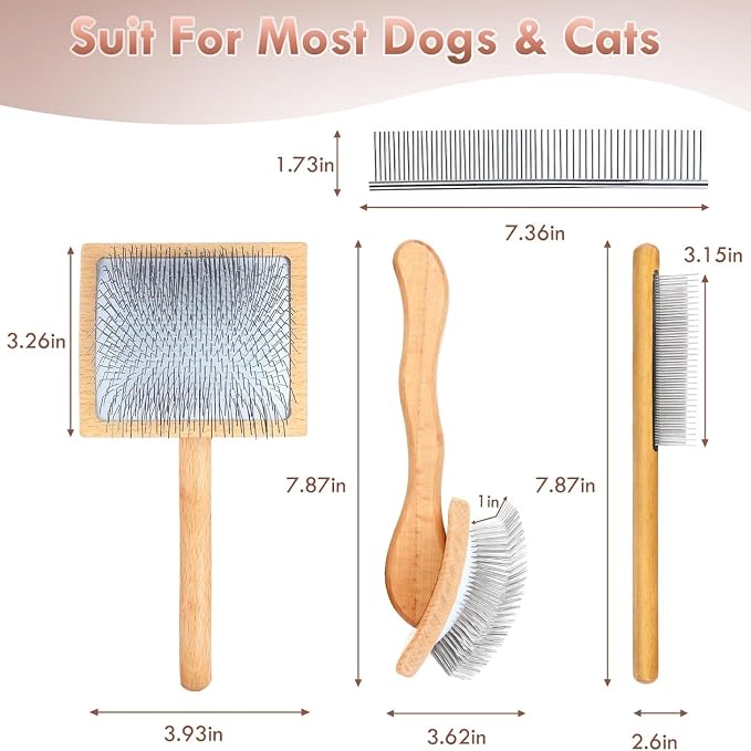 Slicker Brush for Dogs, Large Dog Grooming Brush for Doodles Goldendoodles Poodles Labradoodle Bernedoodles, Long Combs to Wavy & Curly Hair - Wooden Handle 3 Pcs - Nature
