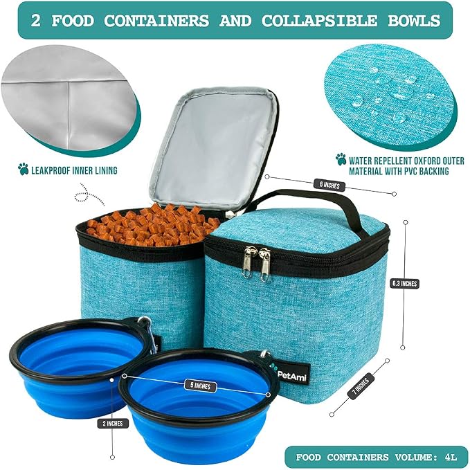 PetAmi Dog Travel Bag Backpack, 27L Airline Approved Pet Supplies Organizer with 2 Food Containers, 2 Collapsible Bowls & Poop Bag Dispenser, Weekend Road Trip Camping Dog Mom Gift, Teal Blue