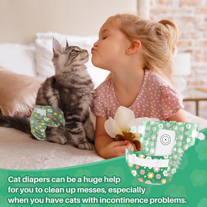 Pet Soft Disposable Cat Diapers - Diaper for Female & Male Cats, Puppy Doggie Diapers for Female Dogs with Adjustable Foam Tail Hole, Small (24Pcs, GN Flowers)