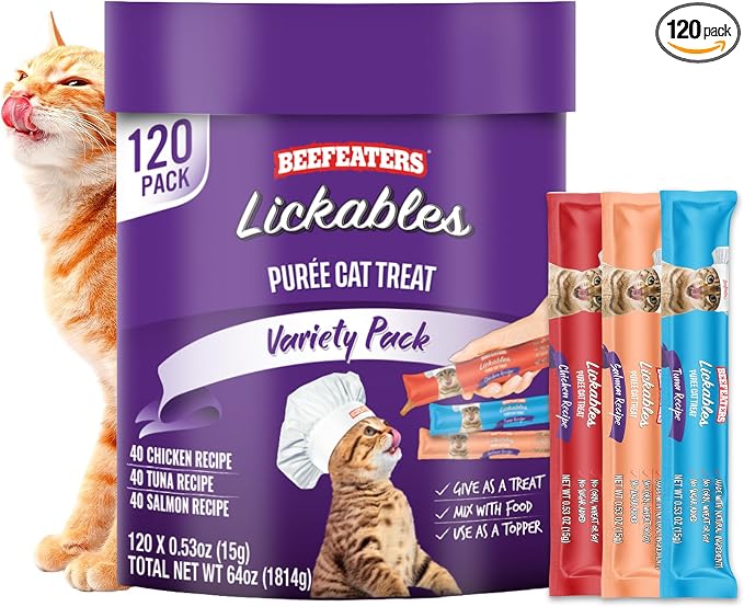 Beefeaters wet cat treats lickable 120 Count Puree Variety Pack - Salmon Tuna Chicken for Hydration & Training, Grain Free Taurine Enriched High Moisture, lickable cat treat squeeze up for Picky Eater