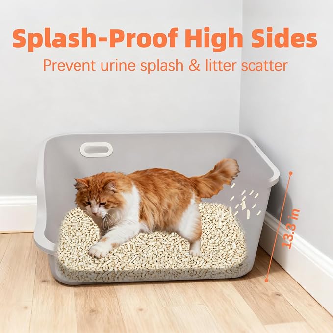 SpaceTime Extra Large Cat Litter Box with High Sides,Jumbo Low Entry Kitty Litter Pan with Portable Handles,XL Multi Cat Boxes for Indoor Kittens,Senior & Big Cats,Anti-Splashing,Easy to Clean (Grey)