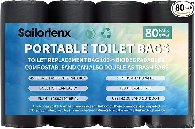 80 Compostable Poop Bags: 8 Gallon, 5 Gallon Bucket & Outdoor Camping Disposable Biodegradable Waste Bags