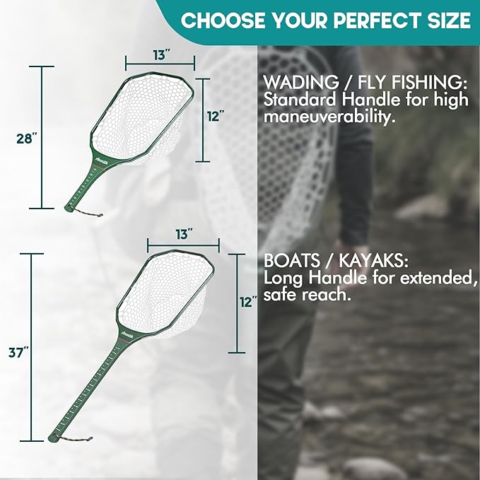 Riverruns Fly Fishing Landing Net Carbon Fiber Trout Net with Measurement Handle, Soft Rubber Mesh - 26" Standard (Wading) / 37" Long (Kayak)