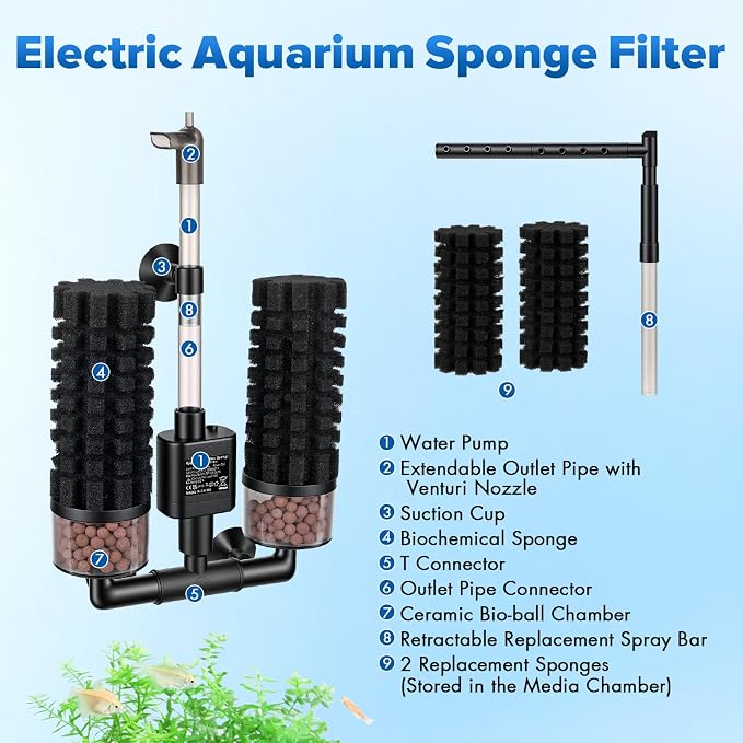 hygger Electric Aquarium Sponge Filter, 3.5W Quiet Fish Tank Filter Pump with 2 Spare Sponge & Bio Media Balls, Adjustable Outlet Venturi & Rain Mode(M for 10-40 Gal Fish Tank)