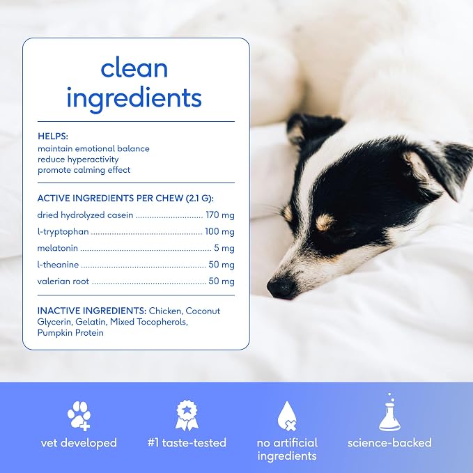 Native Pet Advanced Calming Chews for Dogs - Anxiety Relief, Stress, Separation, Travel & Sleep Support with Melatonin for Dogs, Hydrolyzed Casein, Valerian Root & L-Tryptophan - 60 Chews