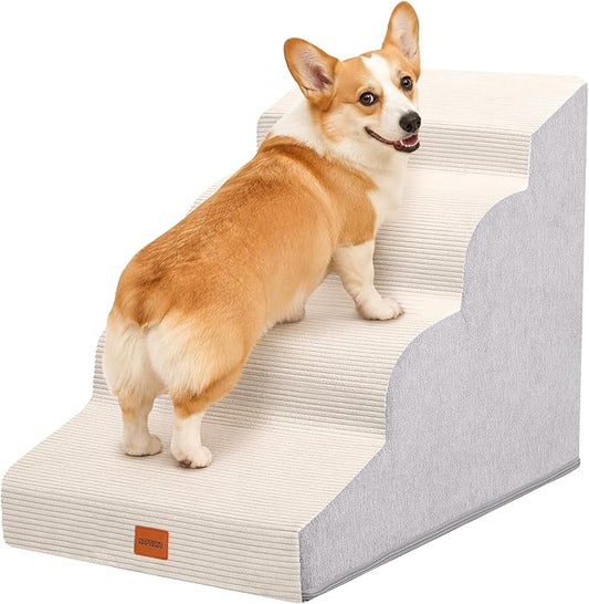 Dog Stairs for Small Dogs,19.7" H,4-Step Curved Pet Ramp for Bed Couch Sofa and Chair,Non-Slip Pet Steps for Injured & Senior Pets with Washable Cover and Durable High Density Foam,Beige