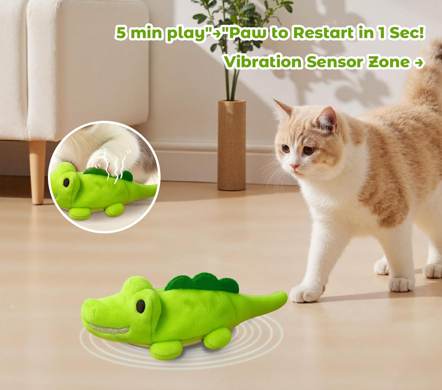 Interactive Cat Toys for Indoor Cats - Automatic Moving Cat Chase Toy for Bored Indoor Adult Cats - 360° Random Movement, Tail Wagging & Catnip Stimulation - Electric Croc(Short Plush)