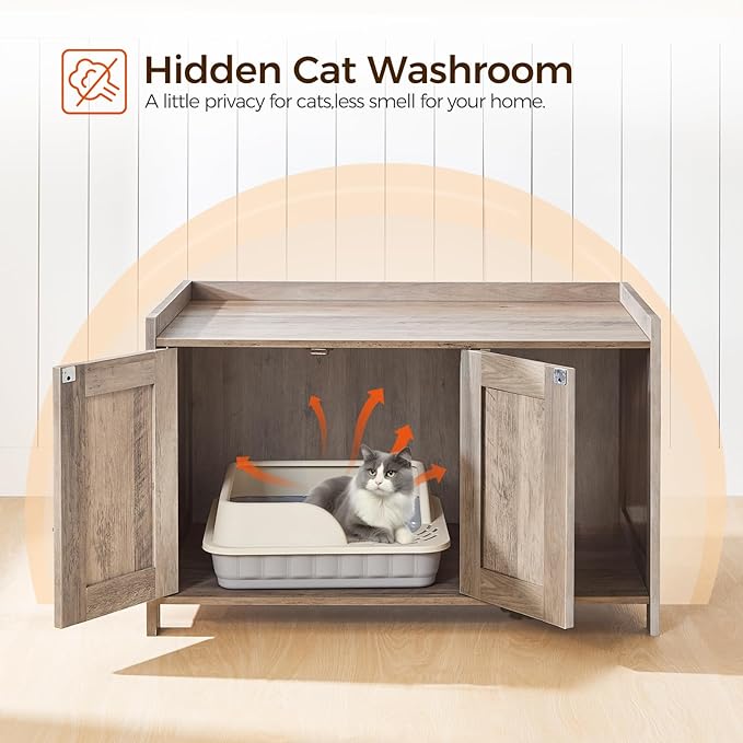 MAHANCRIS Cat Litter Box Enclosure, Hidden Litter Box Furniture with Divider, Indoor Cat House, Wooden Cat Washroom Storage Cabinet Bench, Side End Table Nightstand, Greige CWHG2501Z