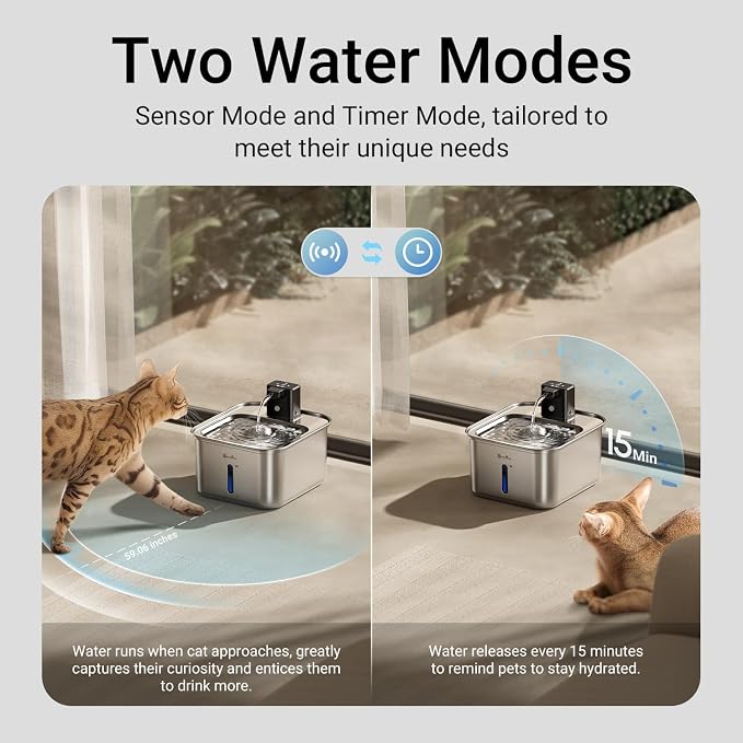 DownyPaws Cat Water Fountain Stainless Steel Wireless, 101 oz/3L FurSink Cordless Water Fountain for Cats, Battery Operated Cat Fountains for Drinking with Motion Sensor, Easy Clean, Metal & 6 Filters