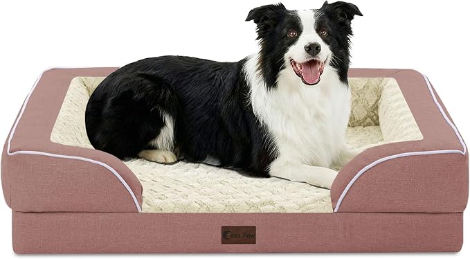 Orthopedic Dog Beds for Medium Sized Dogs 35x22 Inch, Medium Waterproof Memory Foam Dog Sofa Bed with Removable Washable Cover Pet Couch with Bolster, Pink