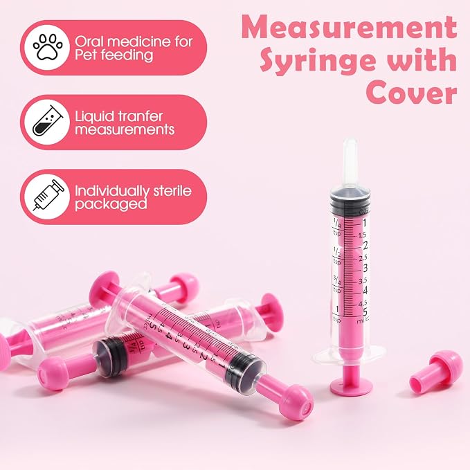 TrelaCo 100 Pack 5ml Syringes with Caps, Colored Plastic Measuring Syringe for Liquid, Pet Feeding, DIY, Party, Craft, Individually Sealed and Wrapped(Pink)