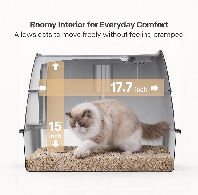Large Stainless Steel Cat Litter Box with Lid, Enclosed High Sided Sifting Metal Litter Boxes with Scoop for XL Cats, Multicat, Non-Sticky, Anti-Leakage, Easy Cleaning, Grey