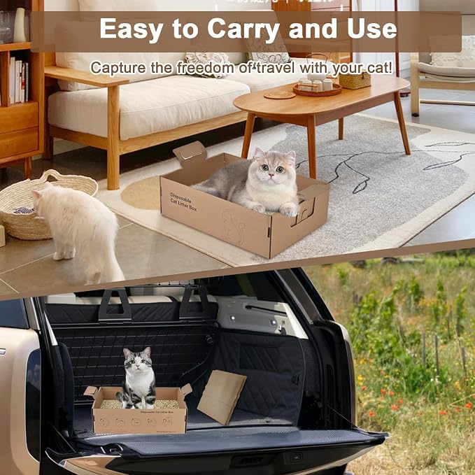 6 Pack Disposable Litter Boxes for Cats, 17.4" x 12.3" x5.4" Large Cardboard Cat Litter Box, Extra Thick Portable Travel Litter Box for Cats, Foldable, Waterproof, Leak Resistant (Large, Count, 6)