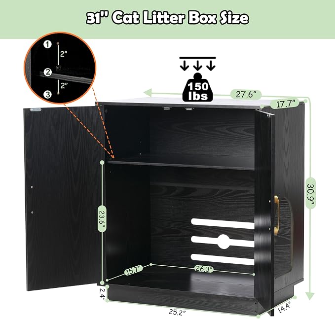 Gitelsnour Litter Box Enclosure, 30.9'' High Large Litter Box Furniture, Modern Cat Litter Box Enclosure with Hidden Storage, Side Table, End Table, Black GCLB003BK