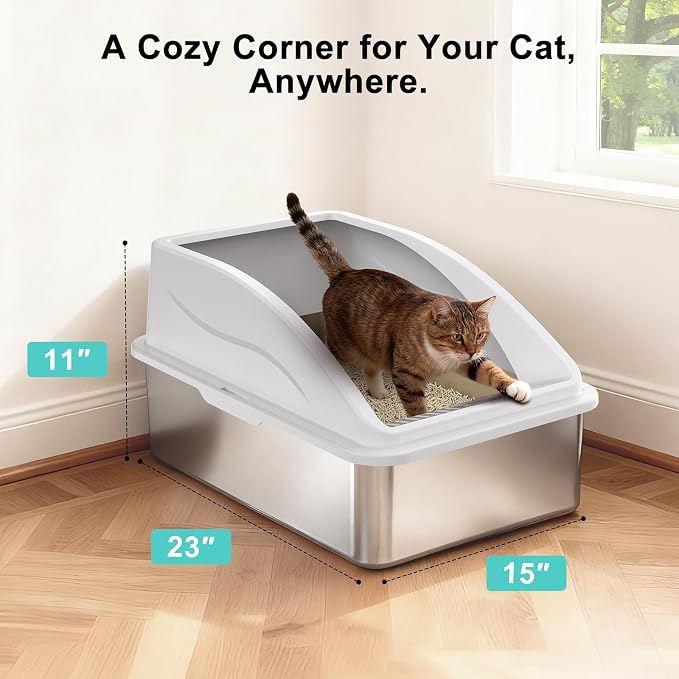 2 Pack Stainless Steel Litter Box | XL Enclosed Cat Litter Boxes with Lid for Big Cats and Multi-Cats | High Sided, Anti-Urine Leakage | Non-Stick Bottom（Ivory White）