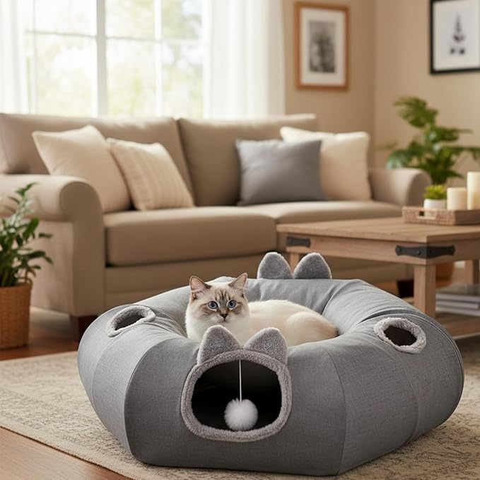 Odoland Cat Tunnels Bed for Indoor Cat with Interactive Cat Toys, Cat Tube with Washable Cushion for Small Large Cats, Round Pet Peekaboo Cave for Kitten, Adult Cats and Rabbit