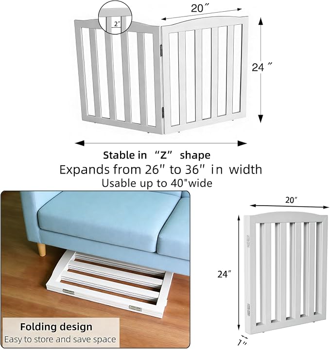 Freestanding Dog Gate Indoor,Doggie Gate Foldable Pet Gates for Doorways,Stairs or Hallways, Wooden White Pet Gate for the House, Pet Fence,24 "Height-2 Panels