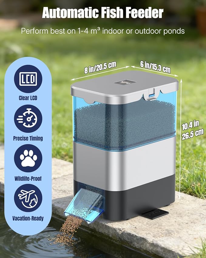 Pawfly Automatic Fish Feeder for Pond, 2.8 L Large Capacity Pond Fish Feeder with Timer, Adjustable Auto Fish Food Dispenser, Moisture-Proof Outdoor Koi Fish Feeder, Battery Powered (Not Included)