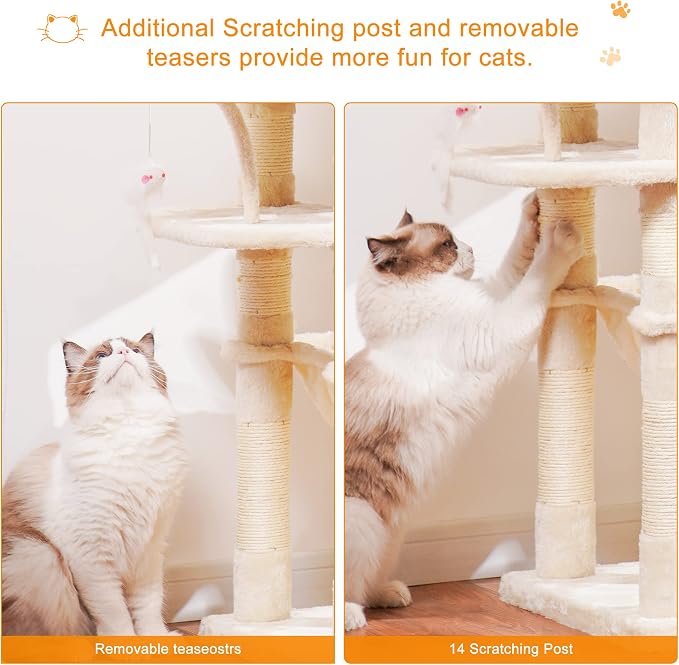 Heybly Cat Tree, 70 inches Tall Cat Tower condo with Toy for Indoor Large Cats, Cat House Furniture with Padded Plush Perch, Cozy Hammock and Sisal Scratching Posts,Beige HCT032M