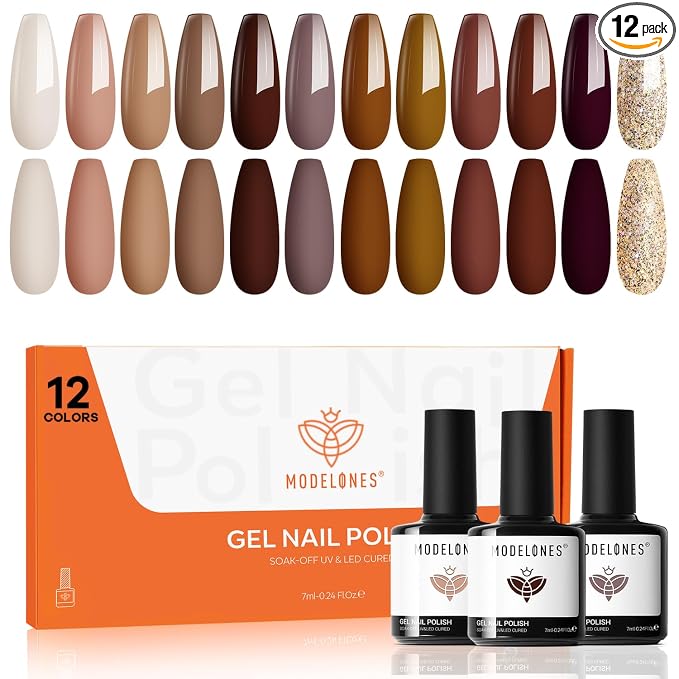 modelones Gel Nail Polish Set, 12 Colors Winter Neutral Nude Brown Gold Glitter Gel Polish Tawny Cinnamon Burdundy Maroon Classic Collection for All Skin Tones LED Nail Art Salon DIY Gift