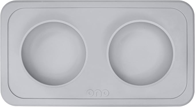 Ono Good Bowl Food & Water Double Feeder - Small to Medium Pets No Spill Non Skid Silicone Mat & Stainless Steel Bowls for Dogs or Cats (Cool Gray)