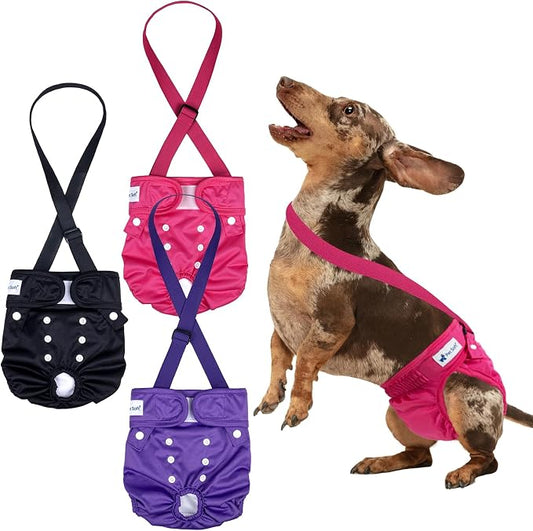 Pet Soft Dog Diapers Female with Suspenders, 3 Pack Reusable Female Dog Diapers for Heat, Dog Period Panties for Doggie in Cycle(Small, Berry Mix)