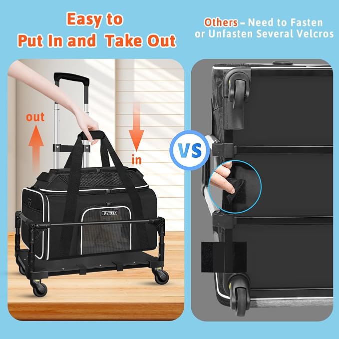 Petskd Top-Expandable Small Pet Carrier with Wheels (17" L x 11" W x 9.5" H), Alaska Airlines Approved, Rolling Pet Carrier for Small Dogs & Cats (Black)