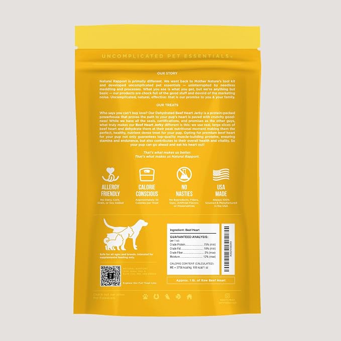 Natural Rapport Beef Heart Jerky Dog Treats - Single Ingredient, High Protein Dehydrated Treats for Training & Rewards (4 oz) (15+ Treats)