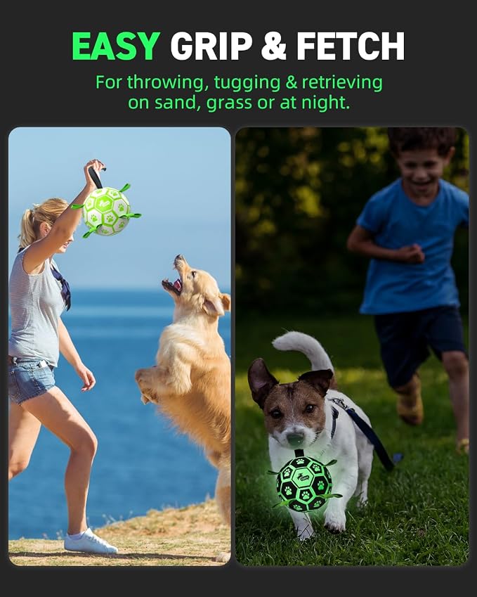 QDAN Premium Glow in The Dark Dog Toys, Dog Ball with Straps, Soccer Ball for Dogs, Outdoor Dog Toys, Pet Birthday Toys, Puppy Essentials for Medium to Large (8Inch)