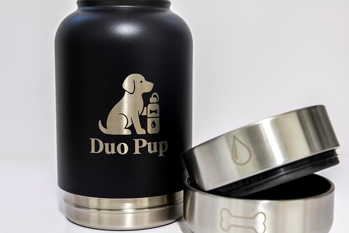 DuoPup 32oz Insulated Stainless Steel Pet Water & Food Bottle – Portable Leak-Resistant Dispenser with Two Detachable Bowls & Carrying Strap – Travel, Hiking & Outdoor Pet Hydration – LightGreen